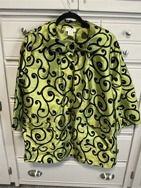 Vintage CARIBE USA Green Faux Silk Flocked Black Swirl Button Up Jacket M